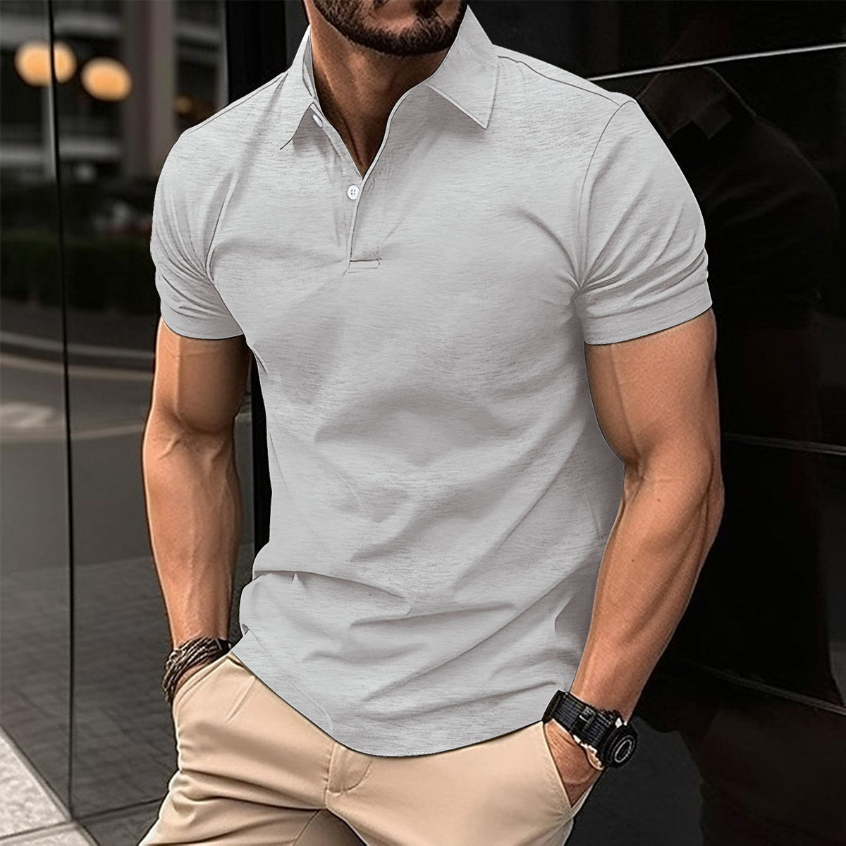 Summer Short Sleeve Polo Shirt Men Solid Color Button Lapel Button Top - Image 4