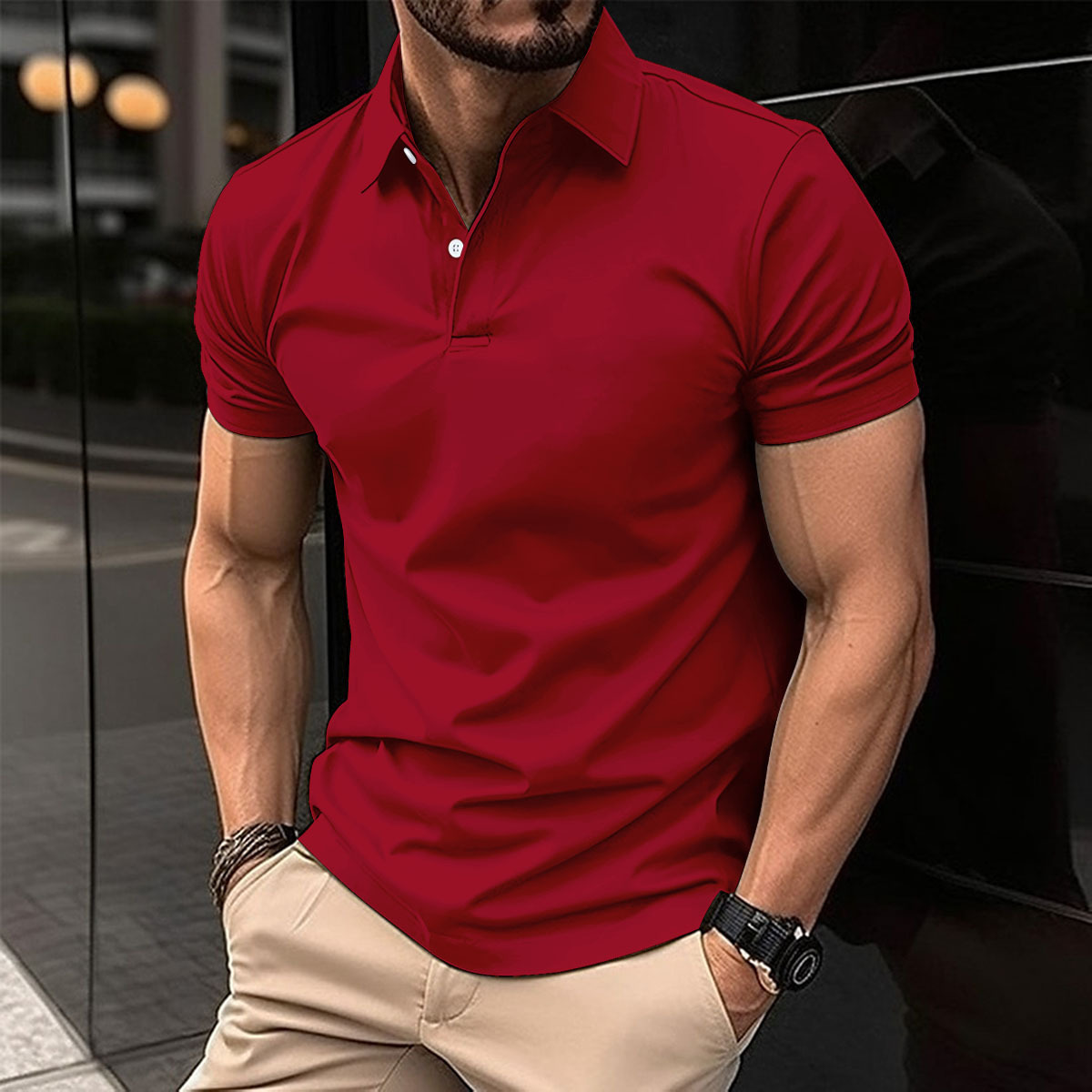 Summer Short Sleeve Polo Shirt Men Solid Color Button Lapel Button Top - Image 8