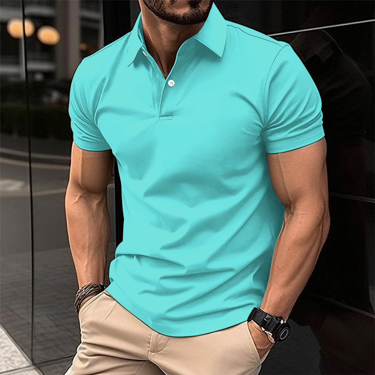 Summer Short Sleeve Polo Shirt Men Solid Color Button Lapel Button Top - Image 9