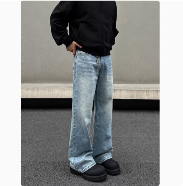 Men's Retro Whisker Washed Blue Straight Jeans - Image 3